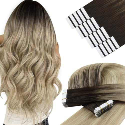 YoungSee 60 cm Tape Extensions Echthaar Balayage Tape in Extensions Lang 50g Echthaar Extensions Tape Dunkelbraun Ombre Braun Blond Tape Haarverlängerung Echthaar Remy für Damen 50g 4/14/60