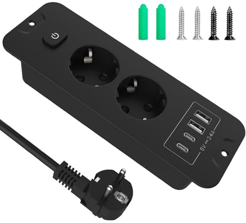 Versenkbare Steckdose 2 Fach mit USB-C PD 20W Einbausteckdose 4000W | Steckdosenleiste Einbau Tischsteckdose mit 4 USB Mehrfachsteckdose Steckerleiste Verteilersteckdose 2m Kabel, Schwarz