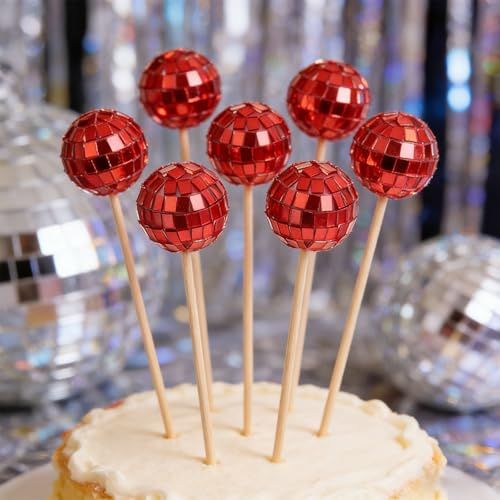 Disco Ball Cake Decorations - Mini Disco Party Toppers for Birthday, Wedding, Retro Theme Party Supplies (Red)