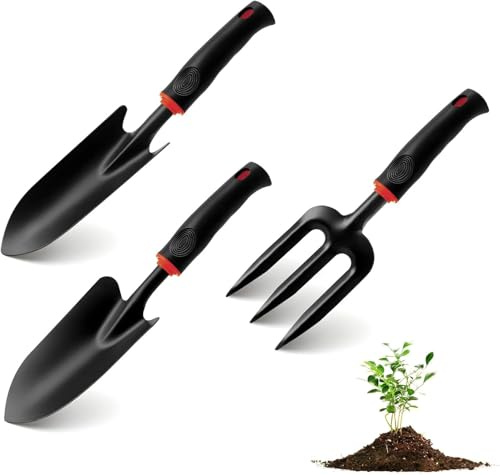 Kit Outils Jardinage 3 Pièces, Set avec Pelle de Jardin, Transplantoir et Griffe à Main, Outils pour Pots, Balcon, Jardinières, Potager et Serre avec Poignée Antidérapante