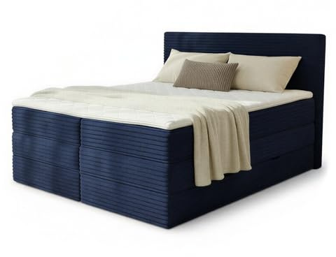 Sofnet Boxspringbett Mollo XL mit 2 Bettkästen und Topper, mit Taschenfederkern- und Bonellfederkernmatratze, Doppelbett, Polsterbett aus Cordstoff mit Stauraum (Blau (Tilia 77), 180 x 200 cm)
