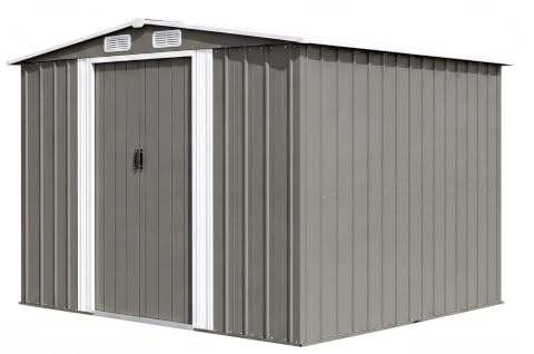 JUMMICO Metall Gerätehaus 8.9m³ Geräteschuppen 235x200x190cm, Gartenschuppen mit Fundament und, Gartenhaus für für Rasenmäher und Fahrräder, Terrasse, Rasen, Grau
