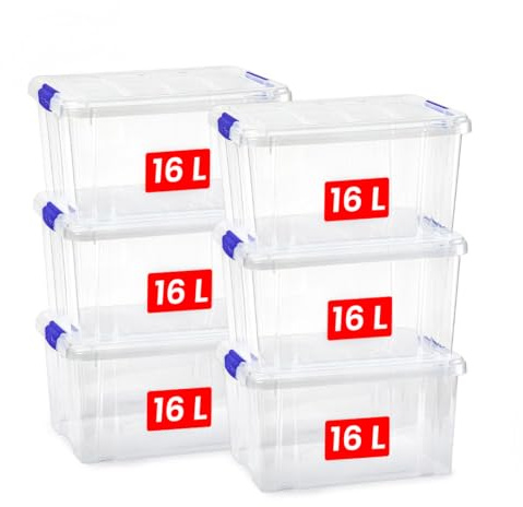 PlasticForte – Pack de Cajas de Almacenamiento con Tapa - Plástico Resistente, Apilables y Transparentes - Organizador (Azul, Pack 6, 16, Litros)