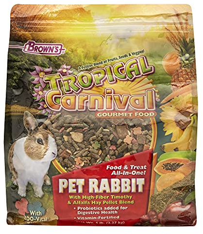 F.M. Brown's Tropical Carnival, Gourmet Pet Rabbit Food with High-Fiber Timothy and Alfalfa Hay Pellets, Probiotics for Digestive Health, Vitamin-Nutrient Fortified Daily Diet, 5 lb