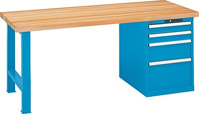 LISTA Werkbank, 1 Fuß, 1 Schubladenblock, 4 Schubl. 2x100, 1x200, 1x300 mm, Code-Lock, Buchepl. 50 mm, BxT xH 1500x800x850 mm, RAL 7035 lichtgrau