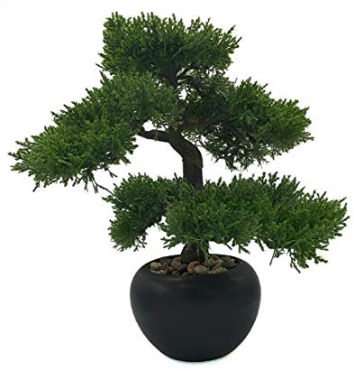 Kunstbaum Tisch Bonsai Zeder mit 33cm im schwarzen Keramiktopf mit feinen Kieselsteinen - Künstliche Bonsaipflanze Dekopflanze klein