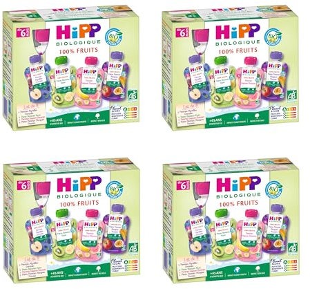 HiPP - 100% Fruits - 4 variétés dès 6 Mois - Gourdes - 8x90g - Lot de 4