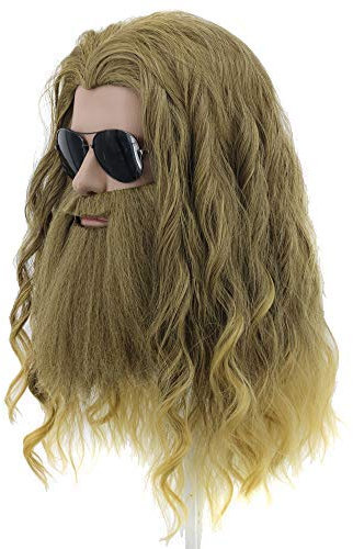 Yuehong Lange Lockige Blonde Männer Perücke Thor Endgame Perücke Superhero Cosplay Haar Perücken mit Big Beard Hitzebeständige Kunstfaser Perücke Fluffy Durable Atmungsaktive Perücke