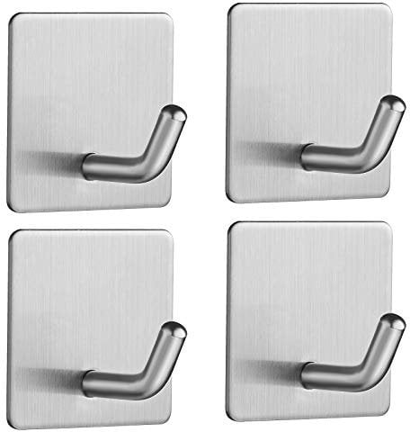 JS Self Adhesive Hooks, Stick on Hooks Holder for Tea Towel, Robe, Coat, Kitchen, Bathrooms - Stainless Steel, Waterproof & Rustproof, 4 Pack