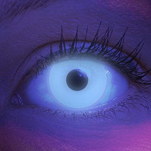 Farbige UV Kontaktlinsen 1 Paar Weiße Schwarzlicht Glow White Neon Farblinsen. Jahreslinsen Topqualität zu Halloween, Fasching, Fastnacht, Karneval inkl. Kontaktlinsenbehälter - Ohne Stärke