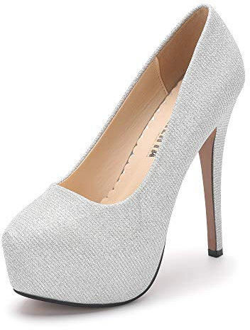 OCHENTA Women's Round Toe Stiletto High Heel Platform Slip On Pumps Glitter Sliver Asian Size 36 - UK B(M) 4