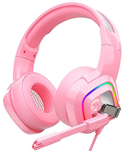 ZIUMIER Z66 Casque de Jeu Filaire pour PS4, Xbox One, PC, Casque Supra-auriculaire Filaire avec Microphone à Isolation sonore, lumière LED RVB, Son Surround Rose