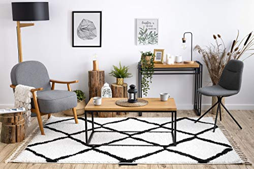Teppich hochflor Berber Shaggy, Franse, marokkanischer Stil, für Zimmer, Wohnzimmer, Schlafzimmer, Cross Weiß/Schwarz 120x170 cm