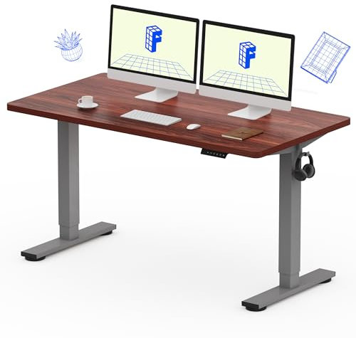 FLEXISPOT EC1S-EU+PR1407-Mahogany Home Desk, Metal Engineered Wood, Grey Frame+Mahogany Tray, 140x80 cm