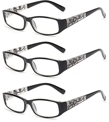 JM Lot de 3 paires de lunettes de lecture avec charnière à ressort pour femme, légères, de qualité, vintage, lunettes rectangulaires colorées pour femme, Lot de 3 noires., M