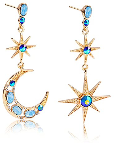 Gilieyer Stern und Mond Ohrringe, Böhmische Ohrringe Zierliche Lange Ohrringe Asymmetrie Halbmond Stern Ohrstecker Ohrringe Mond Sterne Vergoldet Retro Schmuck für Frauen