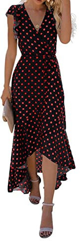 GRECERELLE Women's Summper Maxi Boho Casual Maxi Dresses V-Neck Long Classic Soft Cool Dress (Polka Dots-red Black, L)