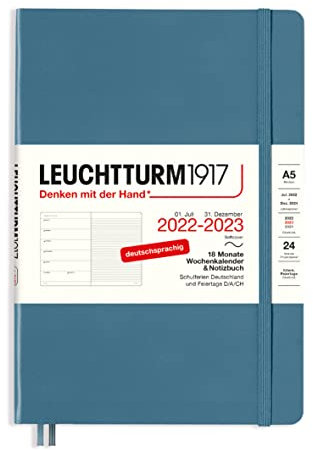 LEUCHTTURM1917 365810 Wochenkalender & Notizbuch Softcover Medium (A5) 2023, 18 Monate, Stone Blue, Deutsch