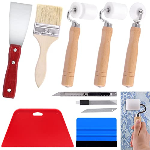 Swpeet Lot de 9 rouleaux de papier peint plat avec kit d'outils de papier peint assortis, rouleau d'angle à mastic, couteau à peinture en bois, raclettes bleues