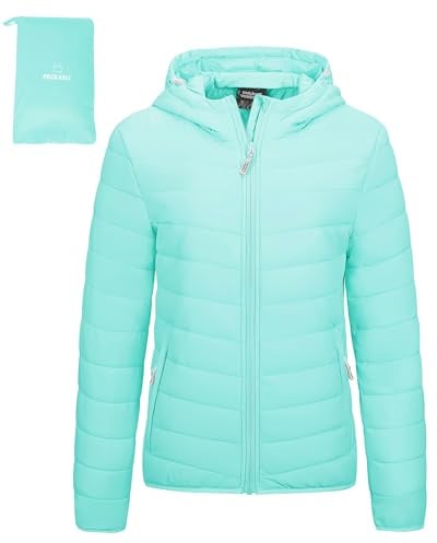 Outdoor Ventures Women's Winter Lightweight Puffer Jacket with Hood, Warm, Short, Packable, Quilted, Transitional, Padded Jacket for Ladies, Lined for Hiking, Travel Light Blue XL
