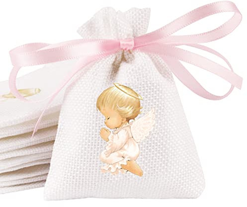 24 Stück Jutesäckchen mit Kordelzug Jutebeutel Weiß Leinensäckchen mit Schutzengel Motiv Geschenksäckchen 8x10cm Geschenkverpackung für Taufe Babyparty Hochzeit Kommunion Konfirmation usw.