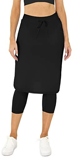 Damen Tennisrock mit integrierten Capri-Leggings, Taschen, knielang, Skorts, Röcke, Golfröcke für Wandern, Sport, schwarz, XX-Large