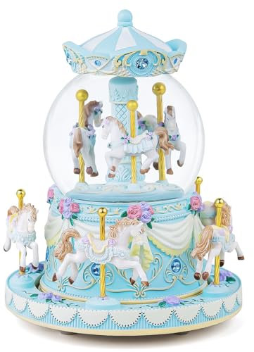 MS. WENNY Karussell Spieluhr Geschenk, blaues Karussell Pferd Schneekugel Frau Freundin Tochter Mutter Sohn Geburtstag Jahrestag Valentinstag Merry Go Round mit Lichtern Play You Are My Sunshine