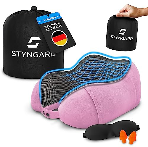 STYNGARD Nackenkissen Reise aus Memory Foam - Nackenkissen Auto mit Schlafmaske und Ohrstöpsel für erholsames Reisen - Nackenkissen Flugzeug Modell Malmö (Rosa, Knopfverschluss)