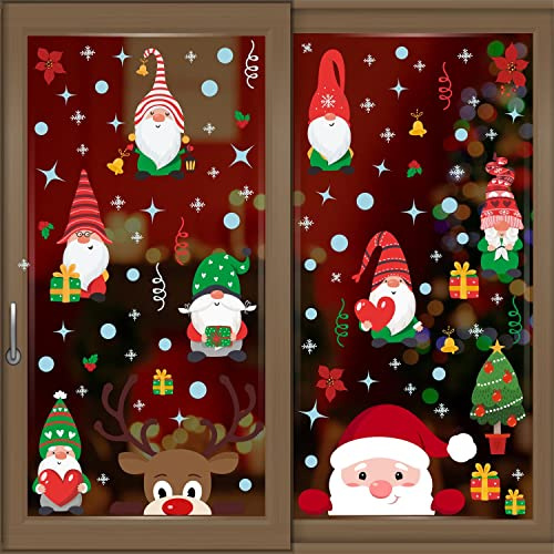 WALPLUS Christmas Window Stickers Clings Xmas Decoration Reusable Double-Sided Print Decals for Glass Living Room Windows Display Xmas Gnomes, Santa and Rudolph 101 Pieces
