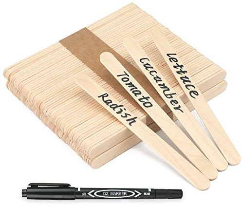 KINGLAKE 50Pcs Wooden Plant Labels with a Marker Pen, 11.4x1cm Wooden Garden Markers Tags Natural Wood Sticks for Seed Herbs Vegetables Flowers