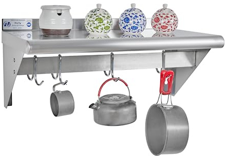 HALLY Edelstahl-Regal mit 4 Haken, 30,5 x 61 cm, Wandmontage, schwebendes Regal für die Aufbewahrung von Hängetöpfen, Pfannen, Kochgeschirr in Restaurant, Küche, Haus und Hotel