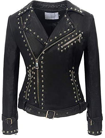 E-girl Damen Schwarz-2 Nieten Wildlederjacke Kunstleder Bikerjacke mit Reißverschluss,P0235,S
