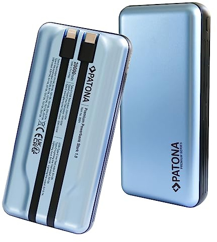 PATONA Premium POWERBANK STARK 1.0 PD65W 20000mAH, USB-C Lightning CONNEKTOR MIT 2 INTEGRIERTEN LADEKABEL