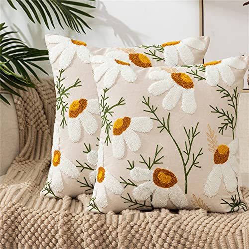 ACCZ Blumen Kissenbezüge Set mit 2 Kissenbezügen 45 x 45 cm Sommer Moderne Stickerei Dekorationskissenbezüge quadratisch weich Bauernhaus Kissenbezüge für Couch Sofa Bett