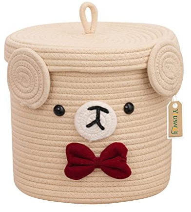 Yiuswoy Ours Panier de Rangement Tissé en Corde de Coton avec Couvercle Petit Panier à Linge pour Chambre d'enfant, Salle de Bain, Salon Maison Décor, Beige