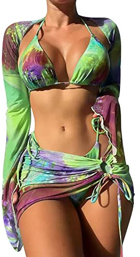 Damen 4-teiliges Batik-Bikini-Set mit Kordelzug, Triangel-Tanga, Neckholder, Schn黵ung, Badeanzug, sexy, r點kenfrei, Gr黱, Large