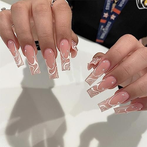 French False Nails - Pearl White Line Nude Pink Fake Nails - Long Coffin Shaped Press on Nails - Ballerina Acrylic Stick on Nails 24pcs for Women and Girls (Pearl Line Pink)