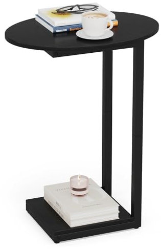 Hosfais - Kleiner Beistelltisch, C-förmiger Holz-Beistelltisch, TV-Tablett zum Essen von Sofatischen für kleine Räume, Wohnzimmer, Schwarz