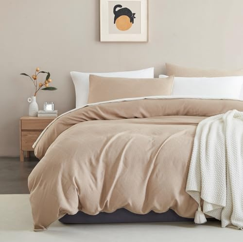 Lanqinglv Bettwäsche 135x200cm Beige Waffeloptik Waffle Handstricken Stickerei Geometrisch Muster Wendebettwäsche Set aus Mikrofaser,Bettbezugg und 1 Kissenbezug 80x80cm mit Reißverschluss