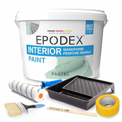 EPODEX® INTERIOR PAINT | Innenwandfarbe | Wandfarbe | + Zubehörset | 45 Pastellfarben Weiß Bunt Farbig | Spritzfrei Strapazierfähig Geruchsarm Hohe Deckkraft 3-53Kg