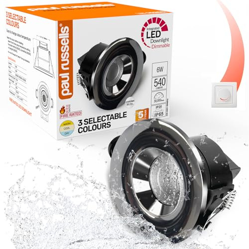 paul russells LED Recessed Downlight, Dimmable Warm/Cool/Day White 3 Adjustable CCT, 6Watt, IP65 Water, Dust & Fireproof Round Spotlight with Fixed Bulb and Chrome Bezel Ceiling Lights, 1 Pack