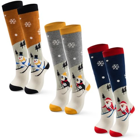 Qterdiz Lot de 3 paires de chaussettes de ski chaudes unisexes pour enfant garçon Chaussettes de ski épaisses pour fille Chaussettes thermiques pour ski et snowboard, Mélange 9325, 5-7 ans