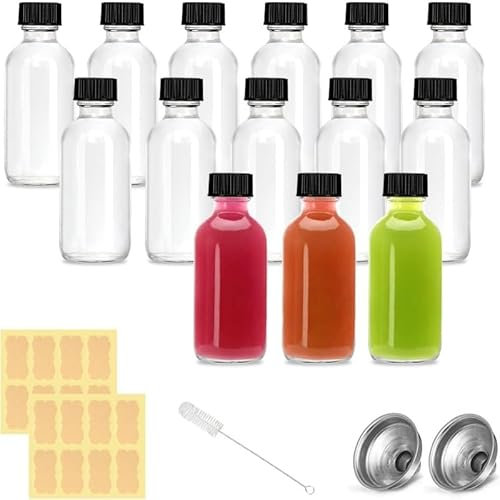 Svitzoot 12 X Mini Bouteille Verre 60ml pour stocker le jus lait ou Boissons Mini Bouteille Verre 60ml avec Bouchon, Bouteilles de Jus Entonnoir, Étiquettes, Feutre Blanc & Brosse de Nettoyage