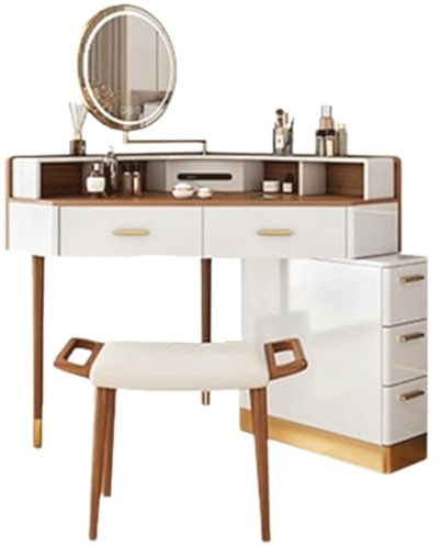 HSHTTKL New Furniture Corner Vanity Desk, Makeup Vanity Set with 360° Rotating LED Mirror, Power Strip and Nightstand, Dressing Table Makeup Stool Computer Desk