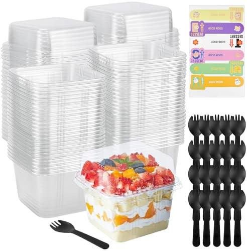 50 Pcs Tasse à Dessert avec Couvercle et Cuillères 240ml Gobelets À Dessert en Plastique Coupes à Dessert Carrées Verrines Plastiques Réutilisables avec 50 Autocollants pour Pudding Mousse Party