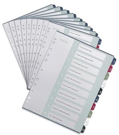 Leitz Register für A4, 10er Pack, PC-beschriftbares Deckblatt und 10 Trennblätter, Taben mit Zahlenaufdruck 1-10, Überbreite, Weiß/Mehrfarbig, PP, Style, 12370000