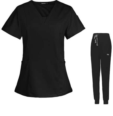 Meichoon Scrubs für Frauen Set Klassisches Oberteil mit V-Ausschnitt und 3 Taschen Konisch zulaufende Yoga-Jogging-Hose Slim Fit Medizinische Tierpflege DK08 Schwarz XX-Large