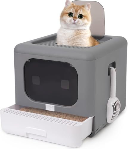 Foldable Enclosed Cat Litter Box with Front Door & Top Entry, Pull-Out Drawer Type, Cat Toilet with Lid, Easy Cleaning and Anti-Splashing Litter Tray with Plastic Scoop (Grey)