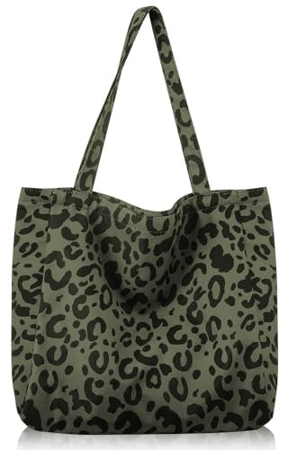 taonganui Canvas Tasche Damen Leopard Umhängetasche Groß Tote Bag Damen Shopper Schultertasche Stofftasche für Alltag Büro Schule Reise Einkauf (Grün)