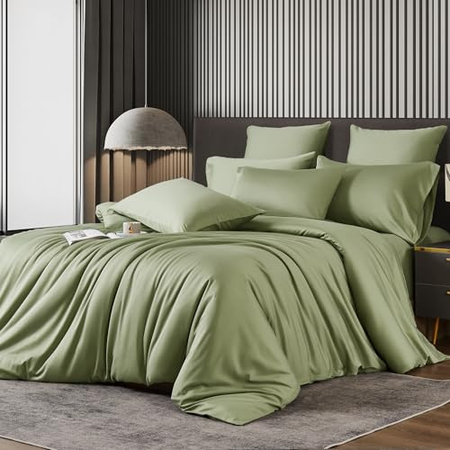 Luowei Bambus Bettwäsche 200x220 cm Kühlend & Atmungsaktiv, Grün, Lyocell | Sommer 100% Bambus Bettwäsche Set, 3-teilig, Seidig Weich OEKO-TEX Bettbezug mit Reißverschluss und 2 Kissenbezüge 80x80 cm